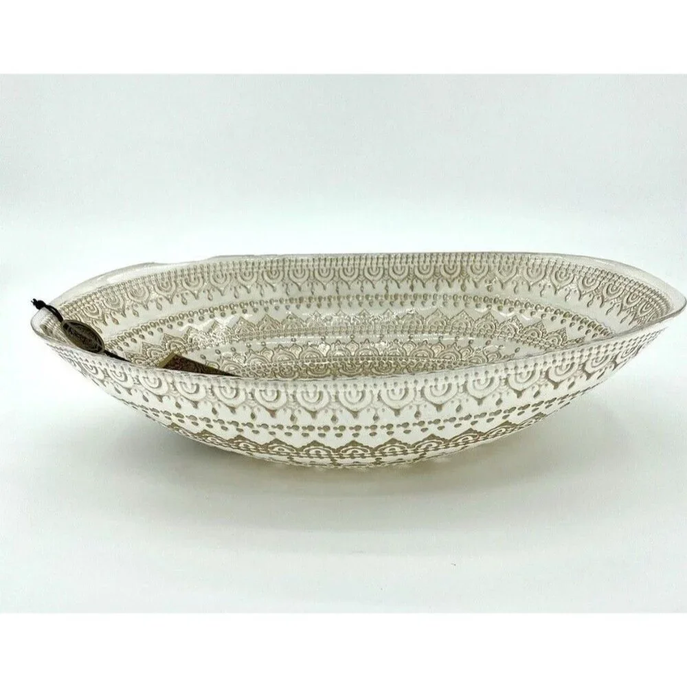 Artistic Accents White Glass Oval Serving Bowl Gold Lace Print Handmade NWT